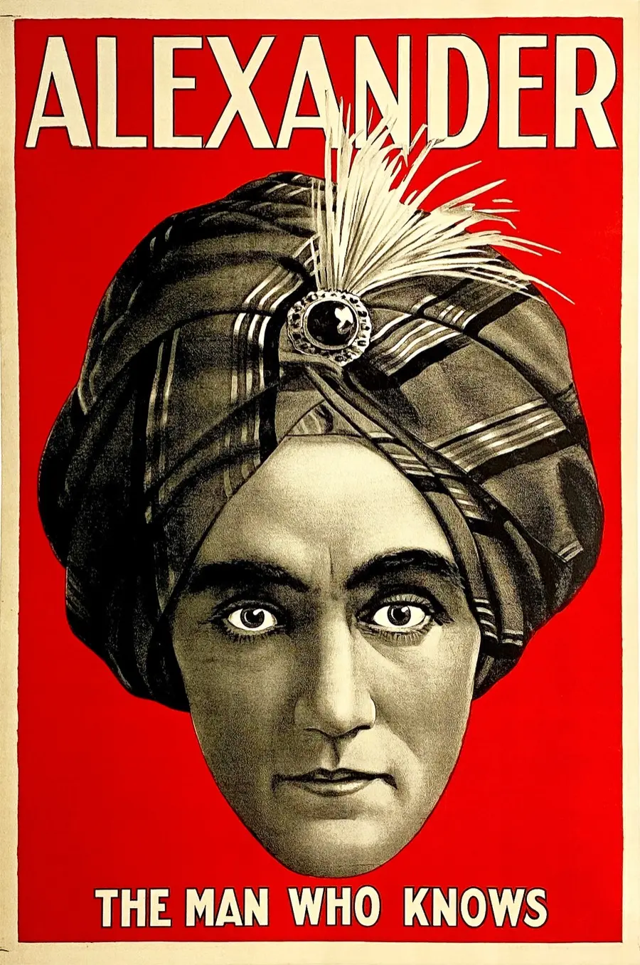 Affiche lithographiée d'Alexander, The Man Who Knows, mentaliste au turban sur fond rouge