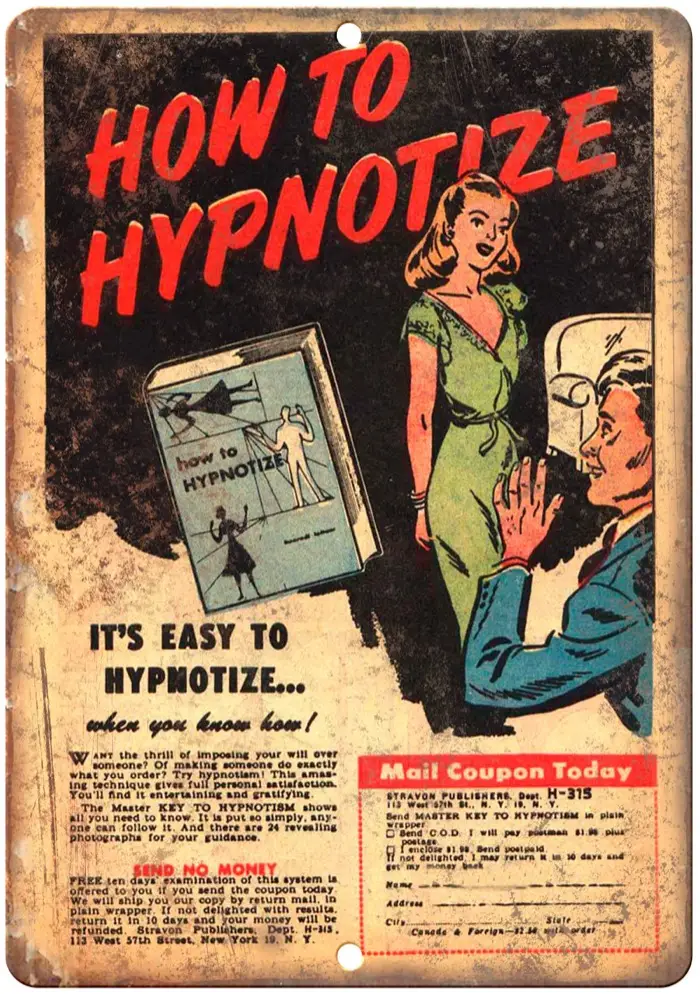 Publicité américaine ancienne pour une méthode d'hypnose par correspondance, promettant d'apprendre à hypnotiser facilement