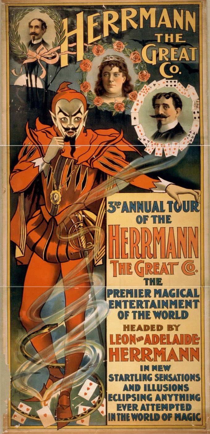 Affiche lithographiée de la tournée Herrmann the Great Co. (vers 1898), avec le portrait d'Adelaide Herrmann dans une couronne de roses