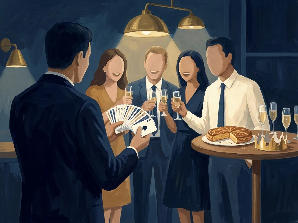 Illustration : un magicien vu de dos déploie un jeu de cartes devant quatre collègues qui rient, une coupe à la main, à côté d'une galette des rois