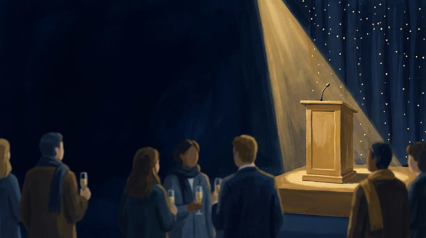 Illustration : un pupitre éclairé par un projecteur doré sur une petite scène, des salariés en manteau, une coupe à la main, attendent le discours des vœux