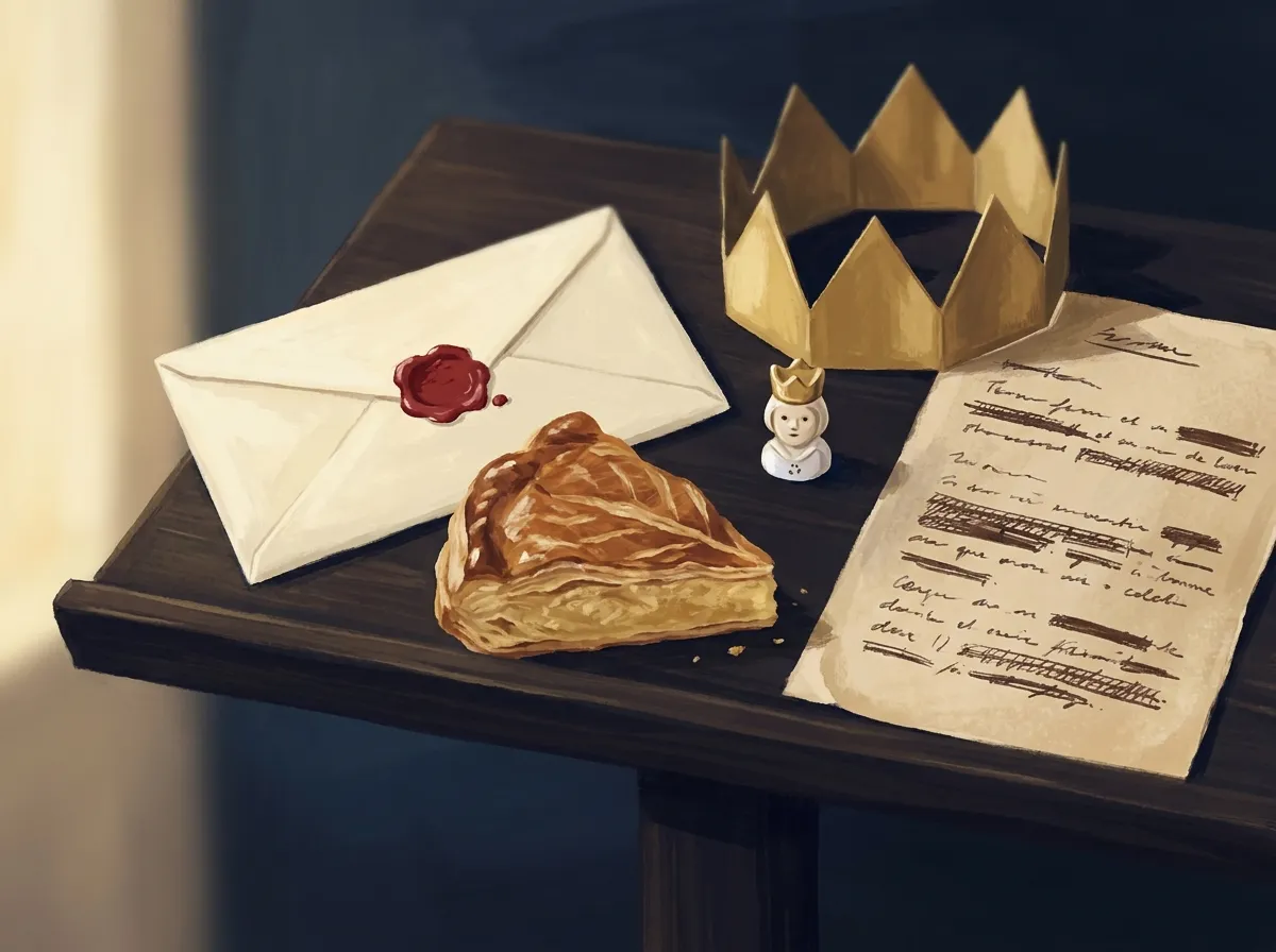 Illustration : sur un pupitre, une enveloppe scellée à la cire rouge, une part de galette des rois, une fève, une couronne dorée et les notes raturées d'un discours