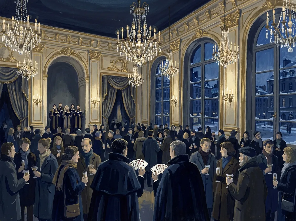 Illustration : un grand salon doré d'hôtel de ville sous des lustres de cristal, des invités en manteau, une chorale au fond et deux magiciens qui jouent pour deux petits groupes