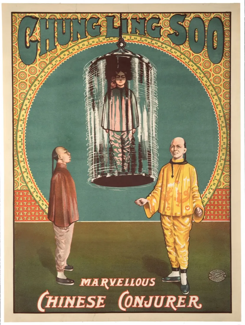 Affiche ancienne d'une grande illusion de Chung Ling Soo, prestidigitateur du début du XXe siècle