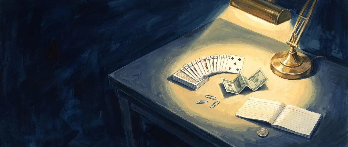 Illustration : une table de répétition la nuit sous une lampe en laiton, un jeu de cartes en éventail, deux trombones, un billet plié en accordéon, un carnet et une pièce