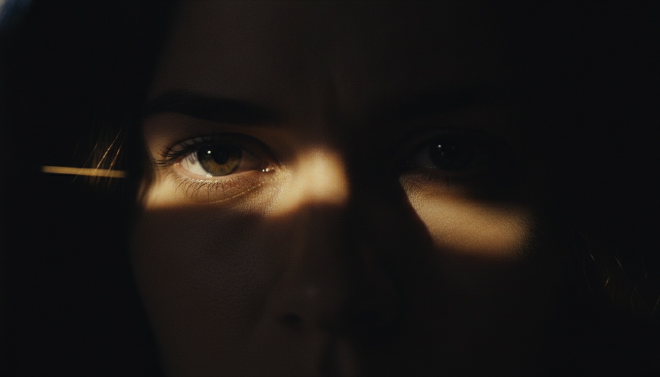 Gros plan sur un regard intense dans la pénombre