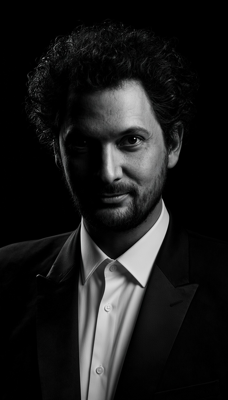 Portrait en noir et blanc d'Éric Antoine, magicien et humoriste