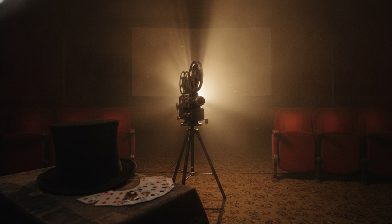 Un projecteur de cinéma, un chapeau de magicien et un jeu de cartes dans une salle obscure