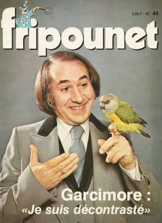 Couverture du magazine Fripounet numéro 44 : Garcimore, un perroquet posé sur le doigt, sous le titre « Garcimore : je suis décontrasté »