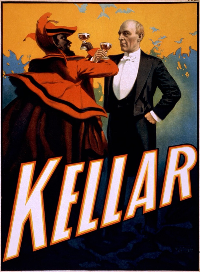 Affiche de Harry Kellar trinquant avec le diable, vers 1899