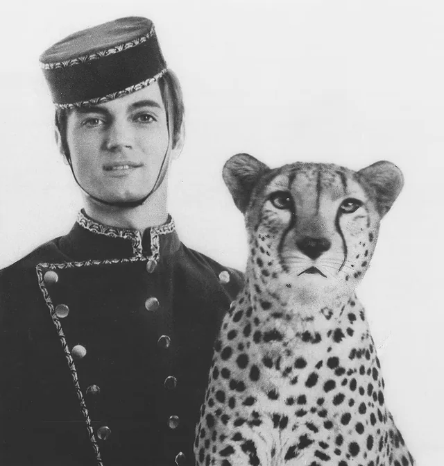 Roy Horn en uniforme de steward de bord, posant avec le guépard Chico au début de sa carrière