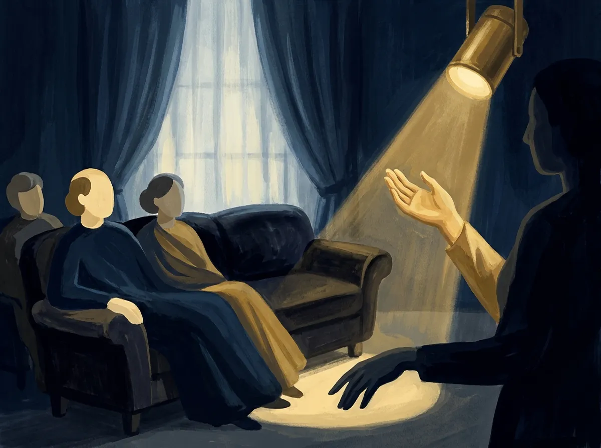 Illustration : trois invités sur un canapé tournent tous la tête vers une main levée dans un rai de lumière dorée, pendant que l'autre main reste détendue dans l'ombre