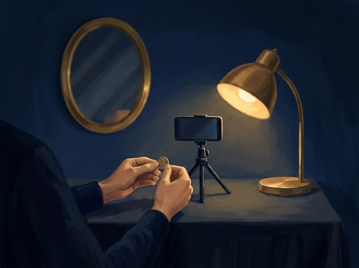 Illustration : deux mains tiennent une pièce devant un téléphone posé sur un petit trépied, un miroir ovale en laiton au mur, sous une lampe de bureau