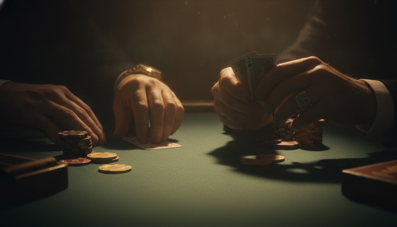 Mains manipulant des cartes et des jetons sur une table de poker