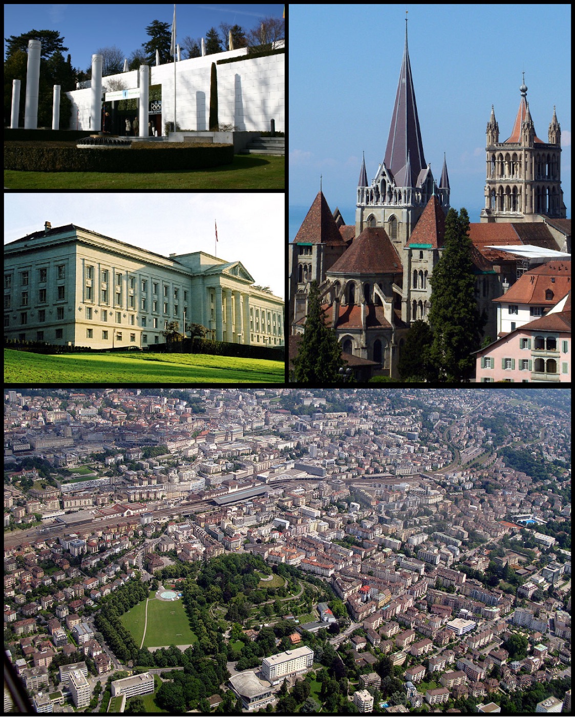 Lausanne : le Musée olympique, le Tribunal fédéral, la cathédrale et vue aérienne de la ville