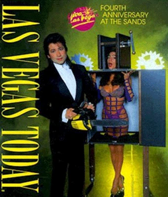 Affiche Las Vegas Today annonçant le quatrième anniversaire de la revue Viva Las Vegas au Sands, avec Valentino en illusionniste